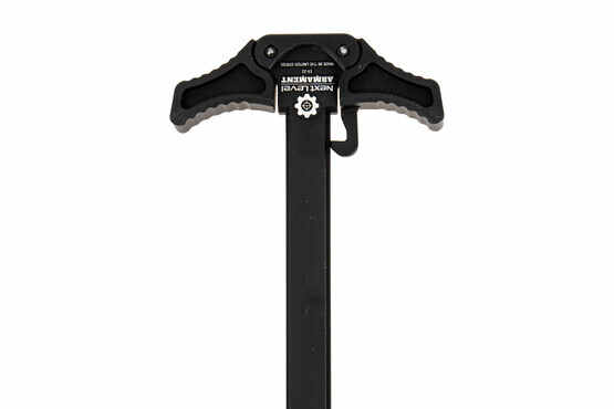 The NLX M&P 15-22 aftermarket charging handle features a black anodized finish